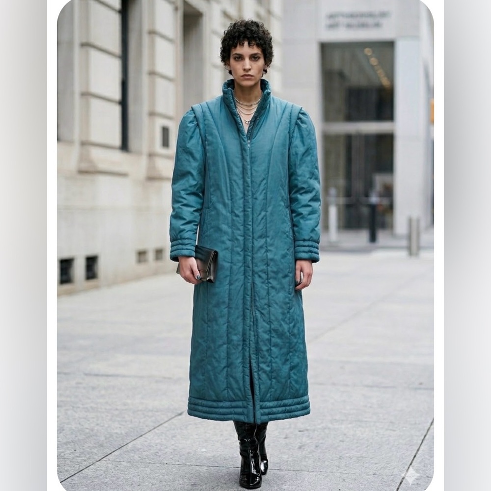 Vintage Mulberry Street Teal Puffer Coat - Retro 80s Puff Sleeve Maxi Jacket M/L